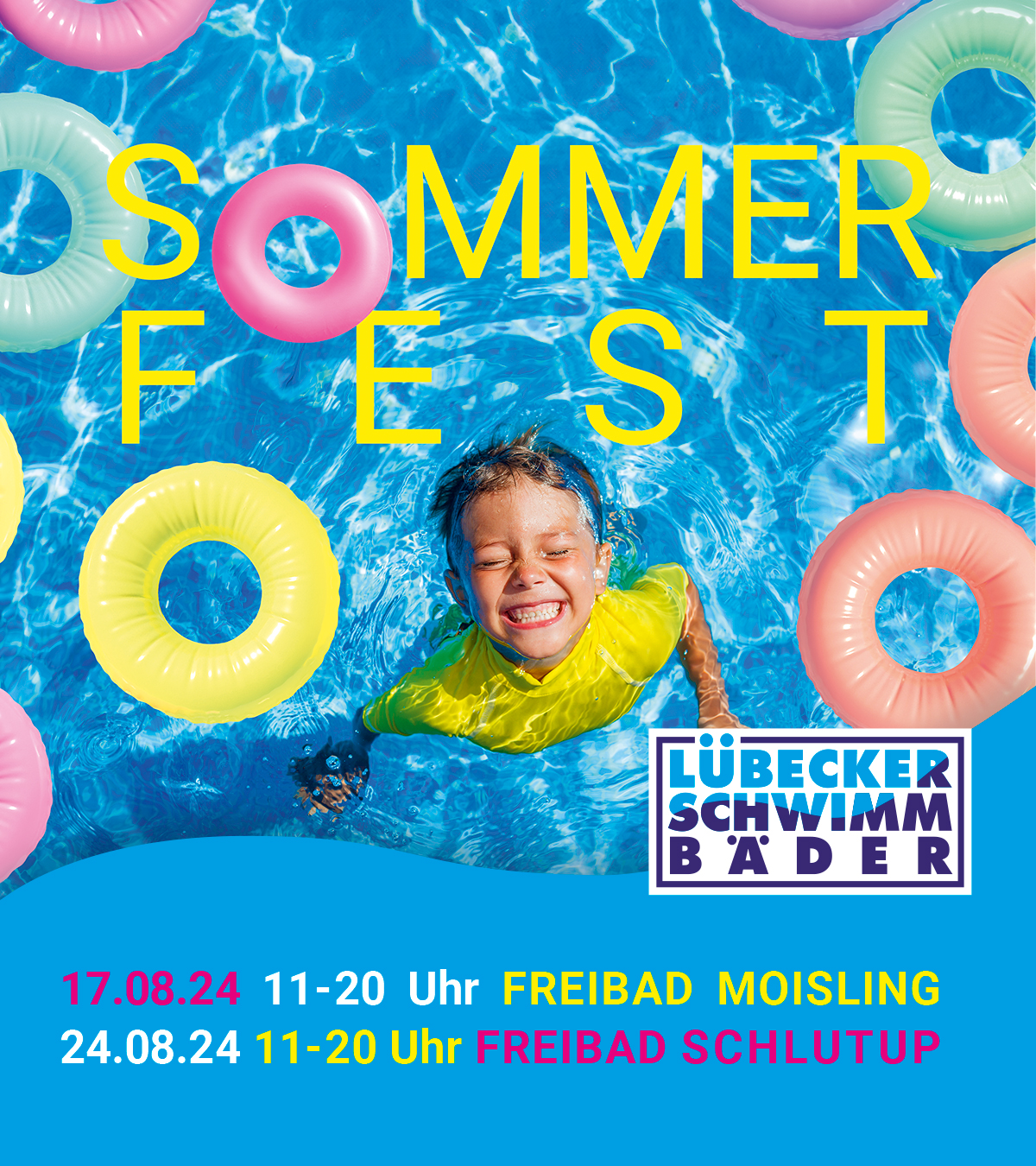 Veranstaltungsinfos der Sommerfeste. 17.08. in Freibad Moisling, 24.08. im Freibad Schlutup